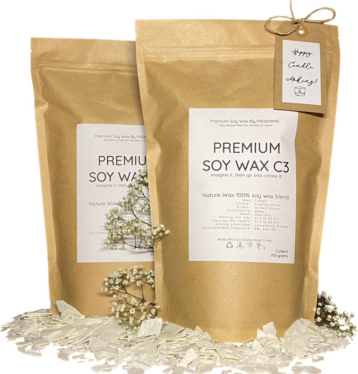 Premium Soja was C3 vlokken | Eco friendly & vegan | 100% Natuurlijk | DIY kaarsen maken | Wax voor kaarsen en melts | 1.5 KG sojawas